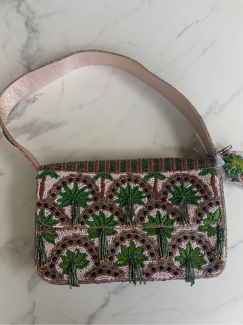 Palm Tree Beaded Palm Motif Shoulder Bag in Pink and Green - Viral, New